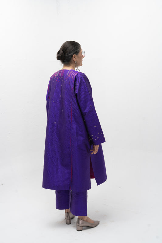 Hand Embroidered Silk Feron with Contemporary Embroidery – Purple