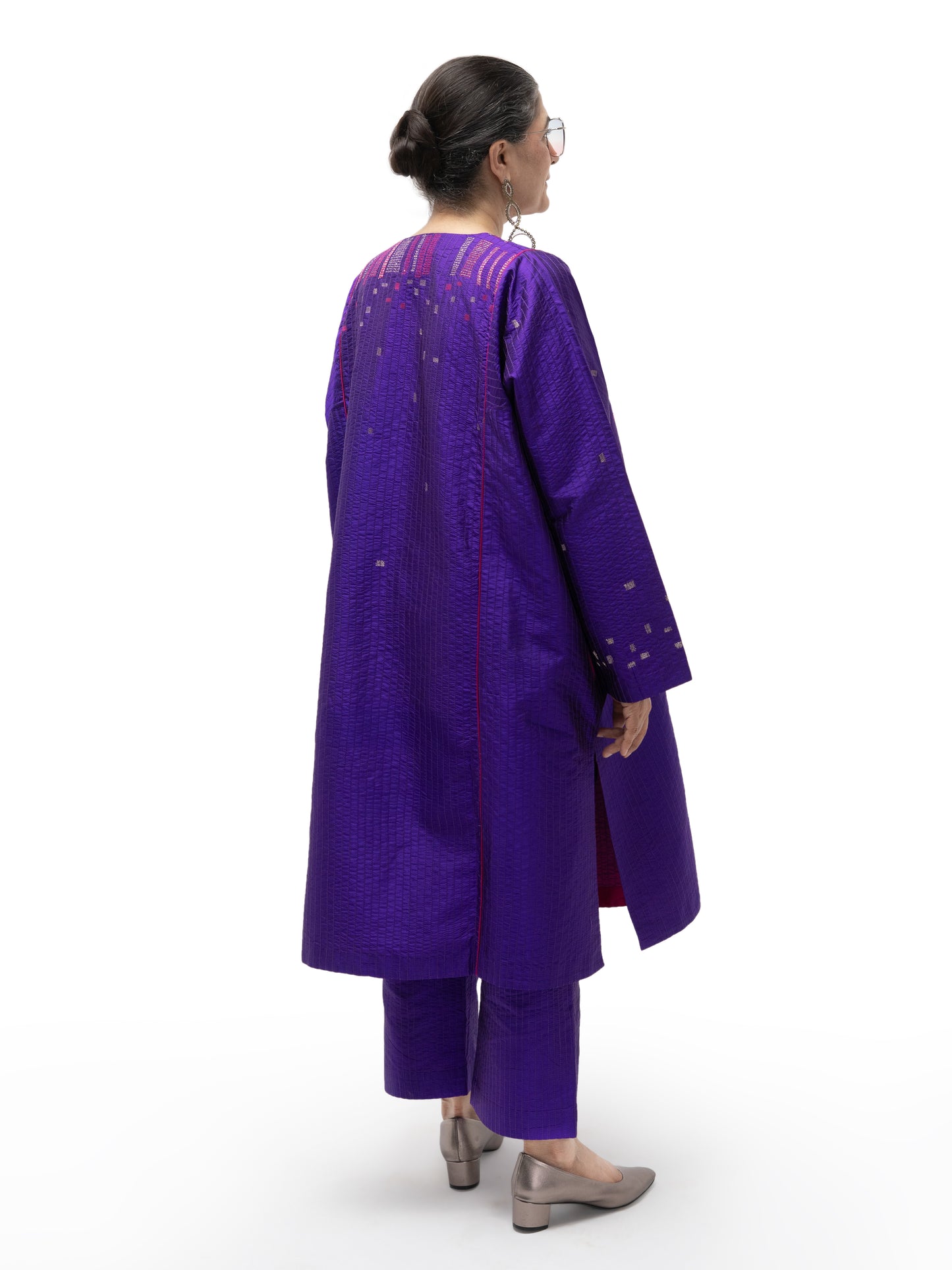 Silk Drawstring Straight Pants with Stitch Details – Purple