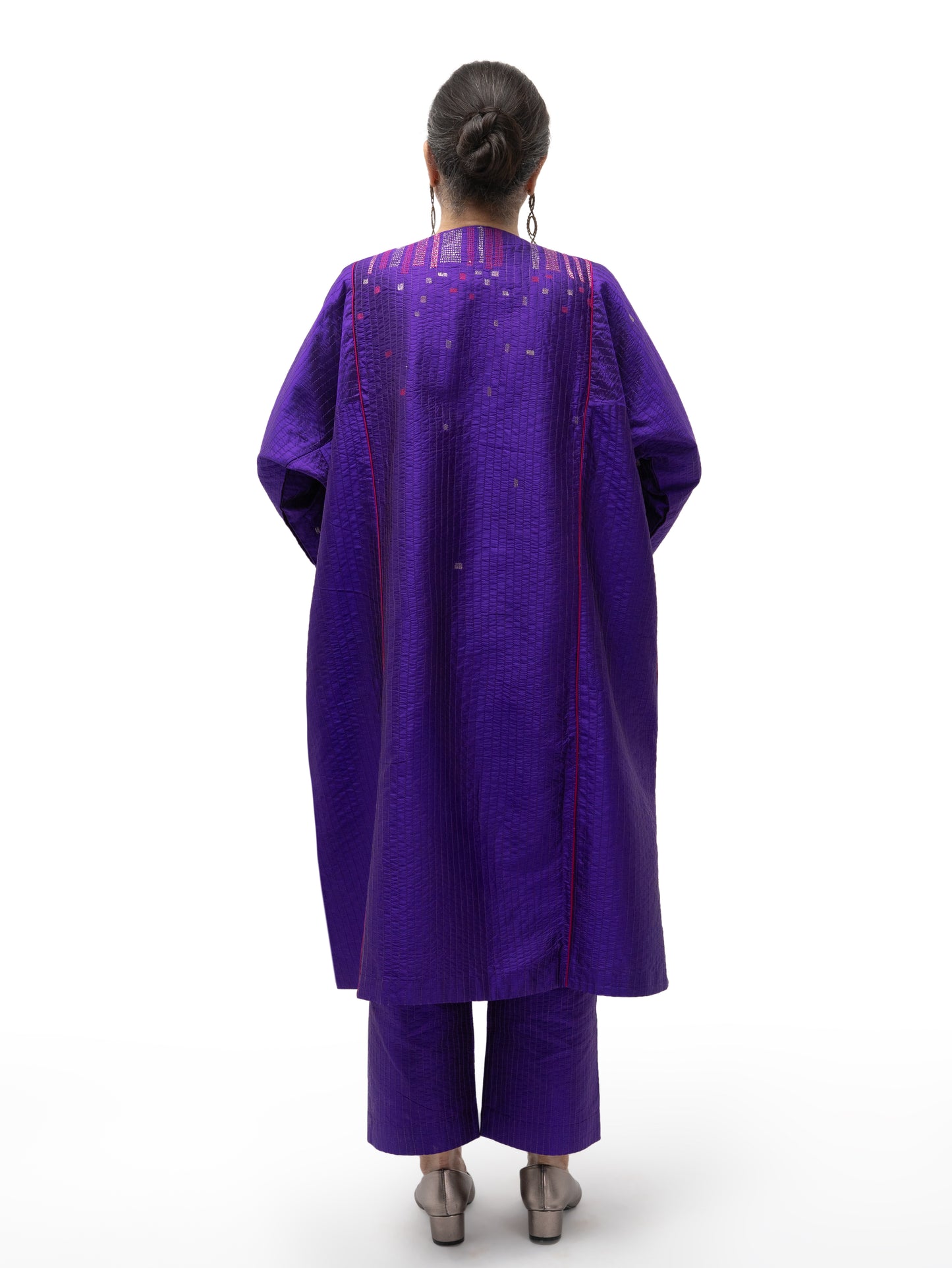 Silk Drawstring Straight Pants with Stitch Details – Purple