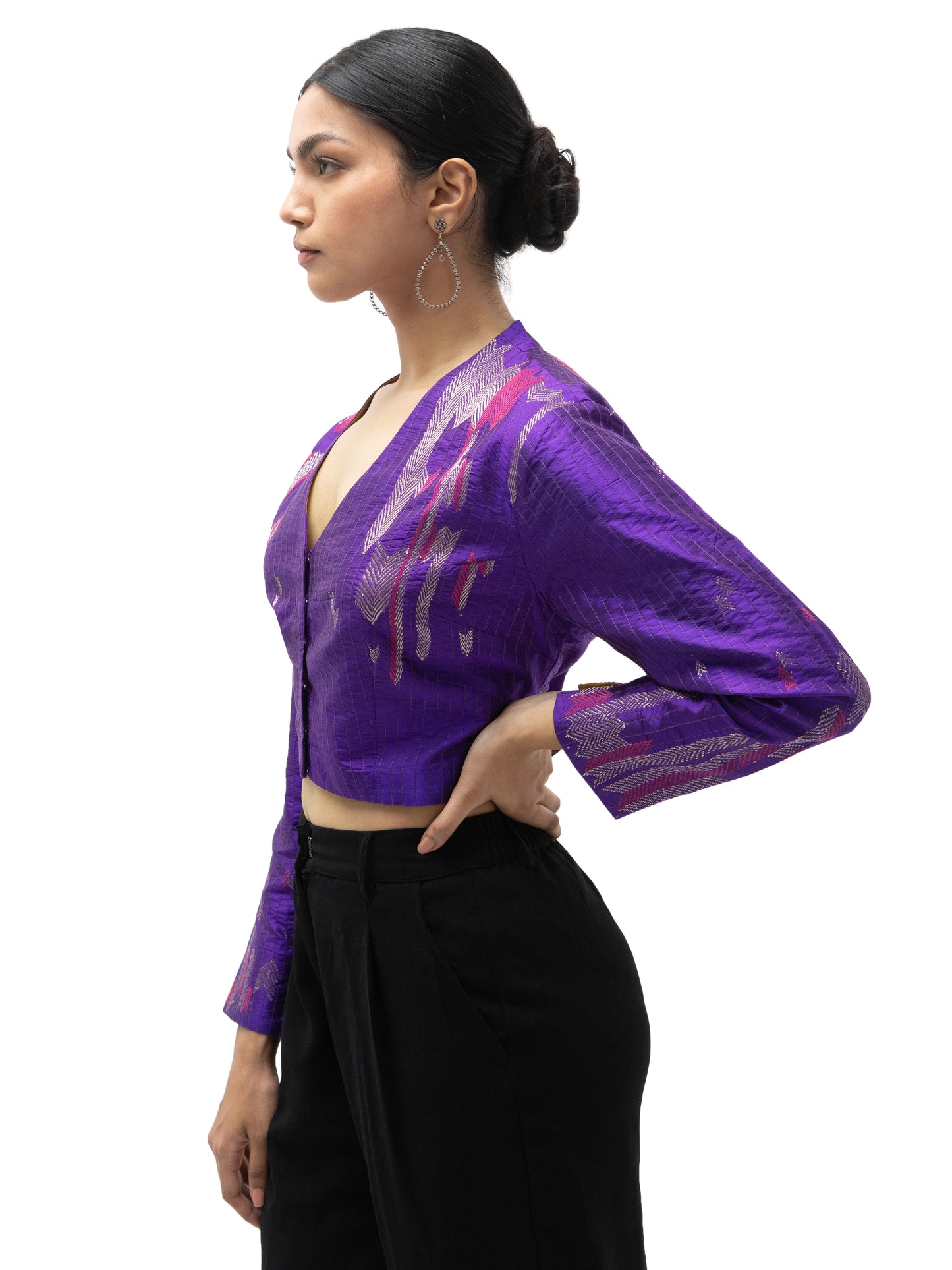 Hand Embroidered Silk Blouse with Stitch Texture – Purple