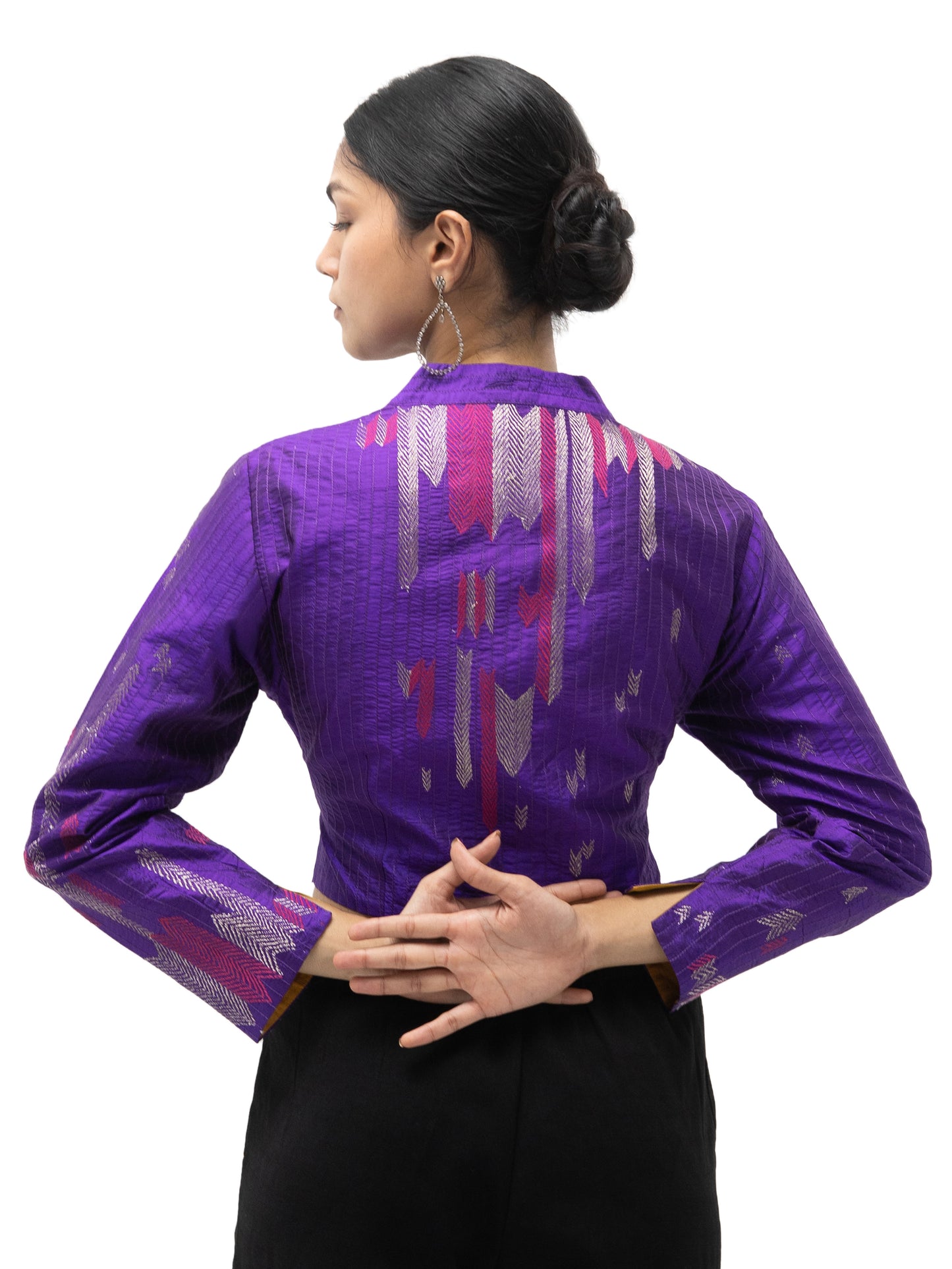 Hand Embroidered Silk Blouse with Stitch Texture – Purple