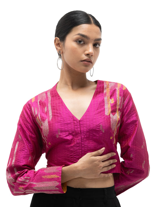 Hand Embroidered Silk Blouse with Stitch Details – Pink