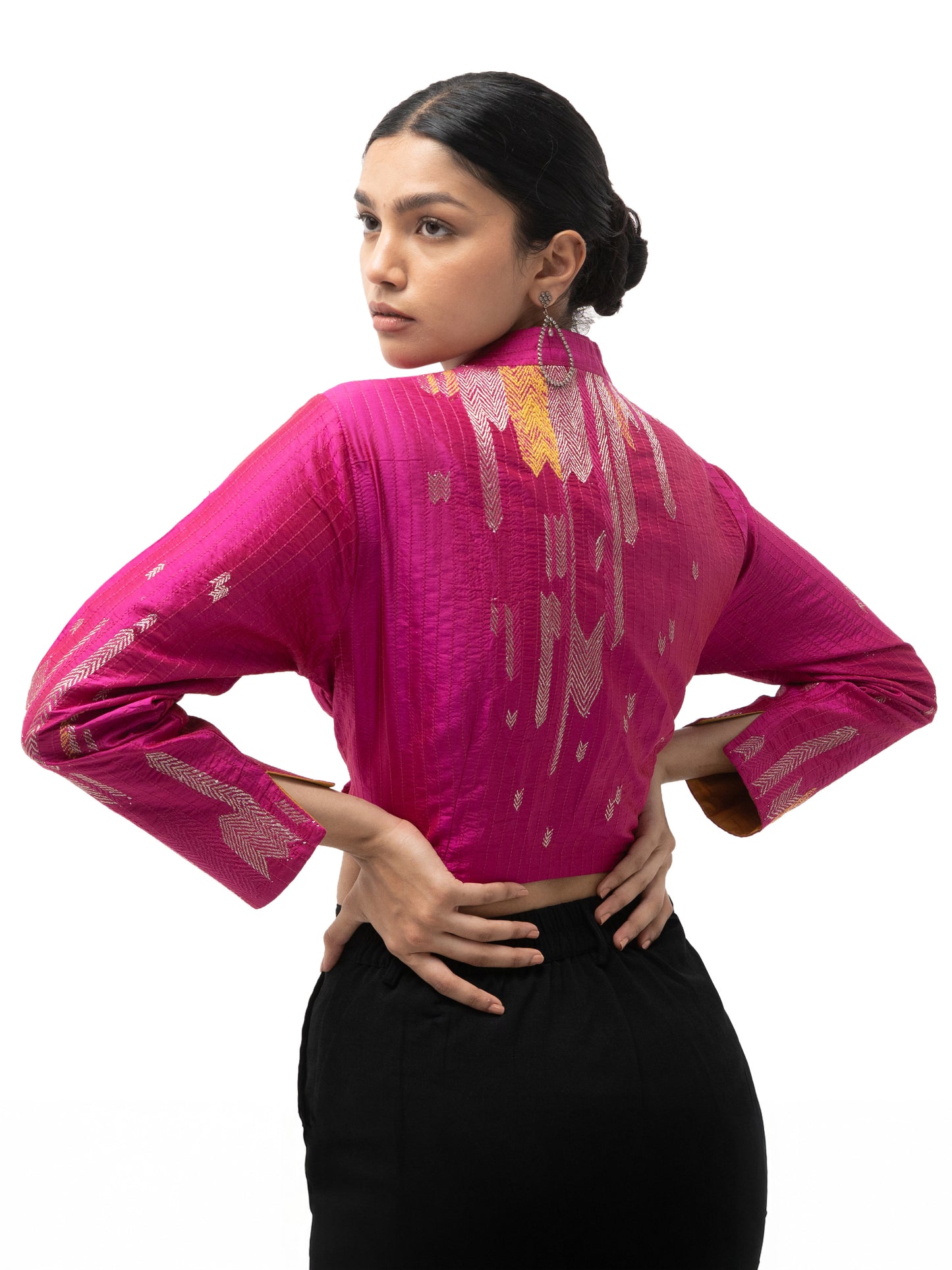 Hand Embroidered Silk Blouse with Stitch Details – Pink