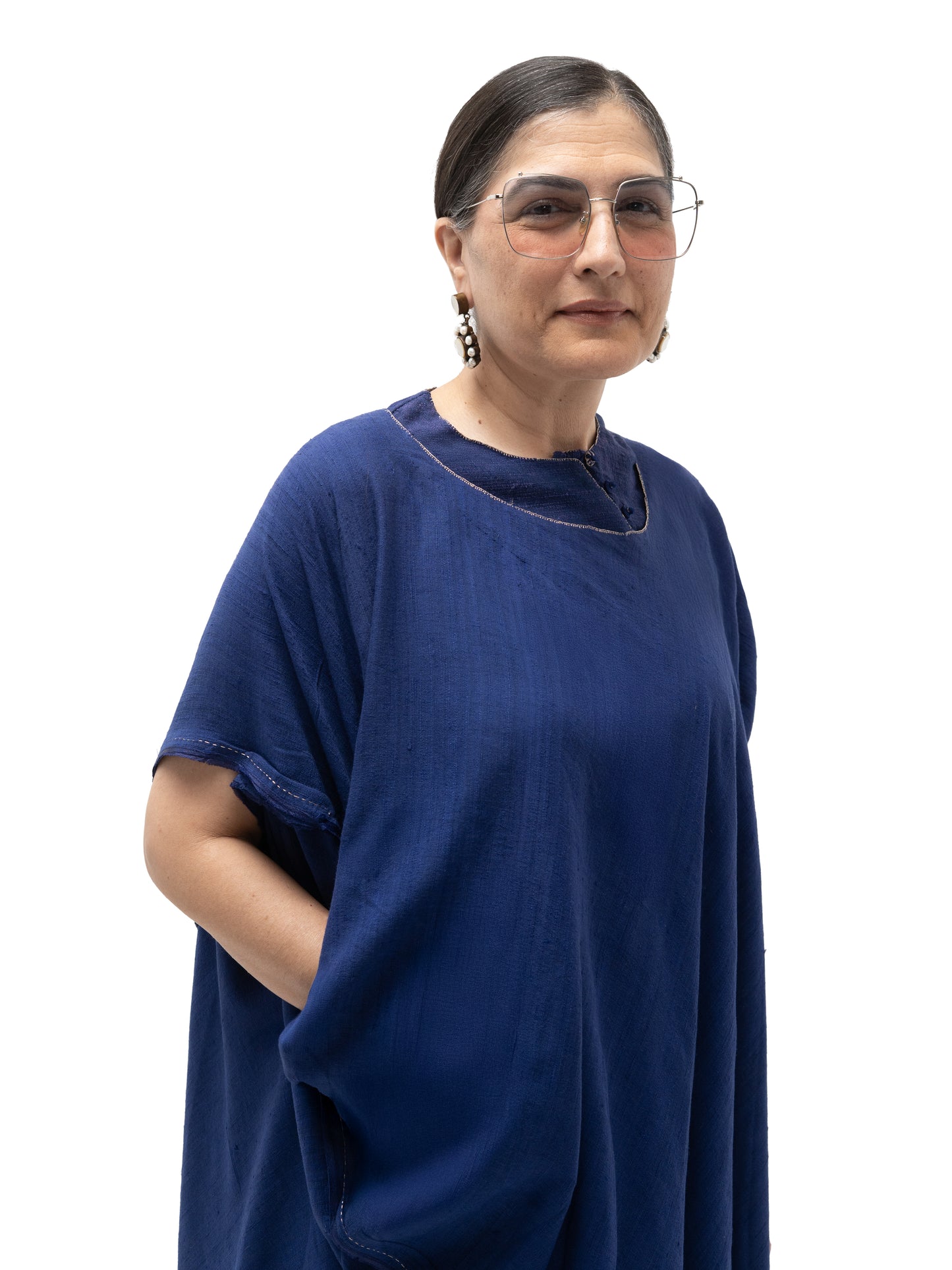 Hand Embroidered Gicha Silk Long Tunic – Indigo