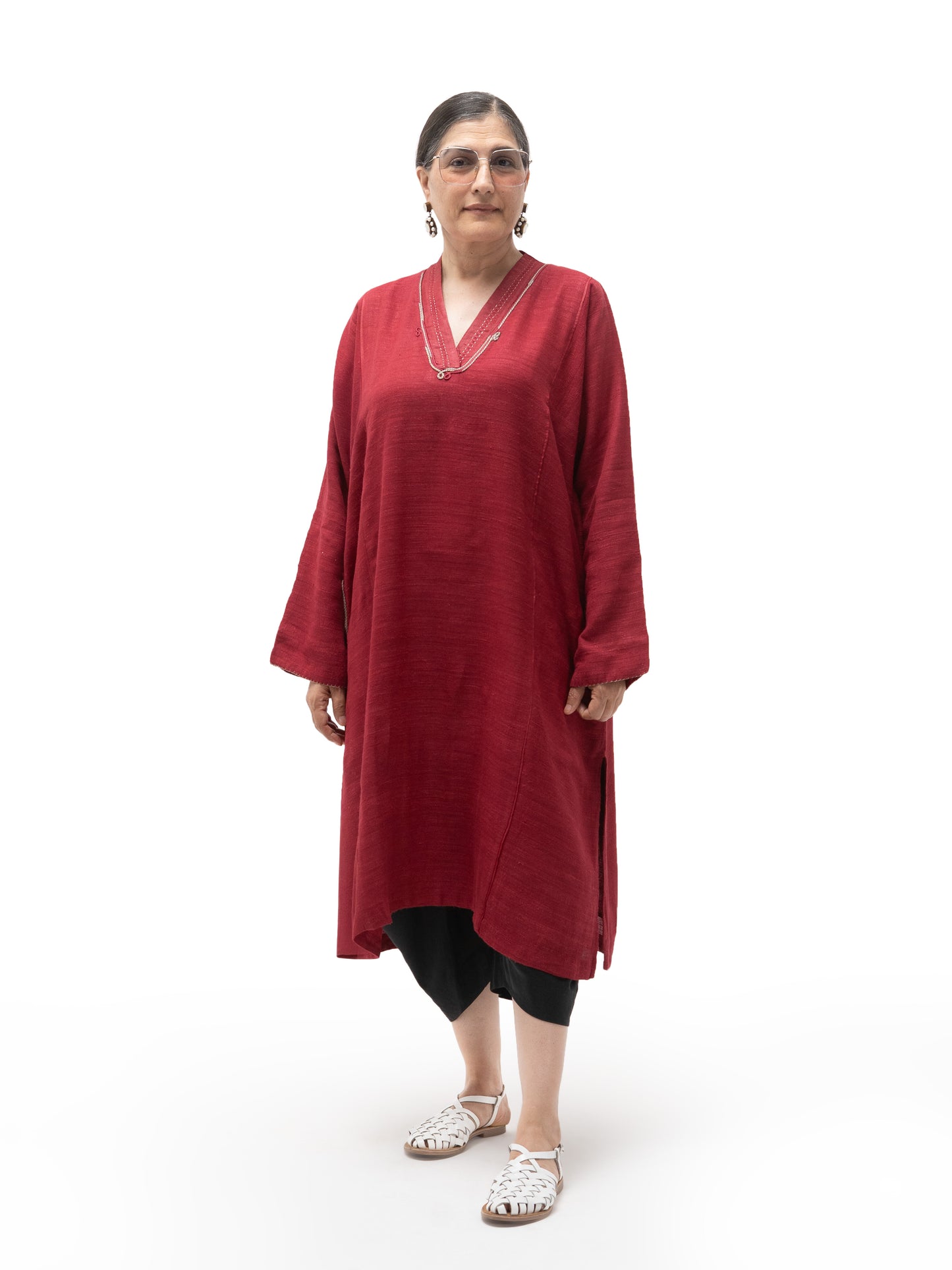 Hand Embroidered Gicha Silk Feron – Red