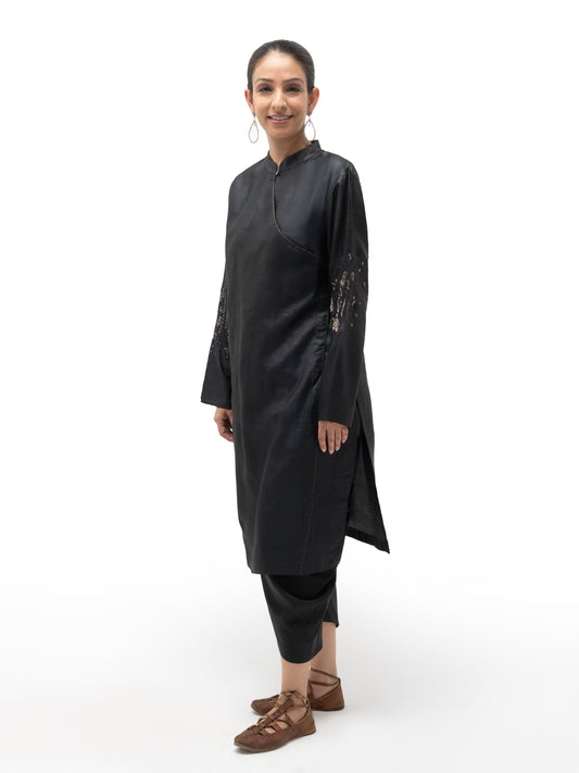 Hand Embroidered Overlap Silk Tunic with Slip