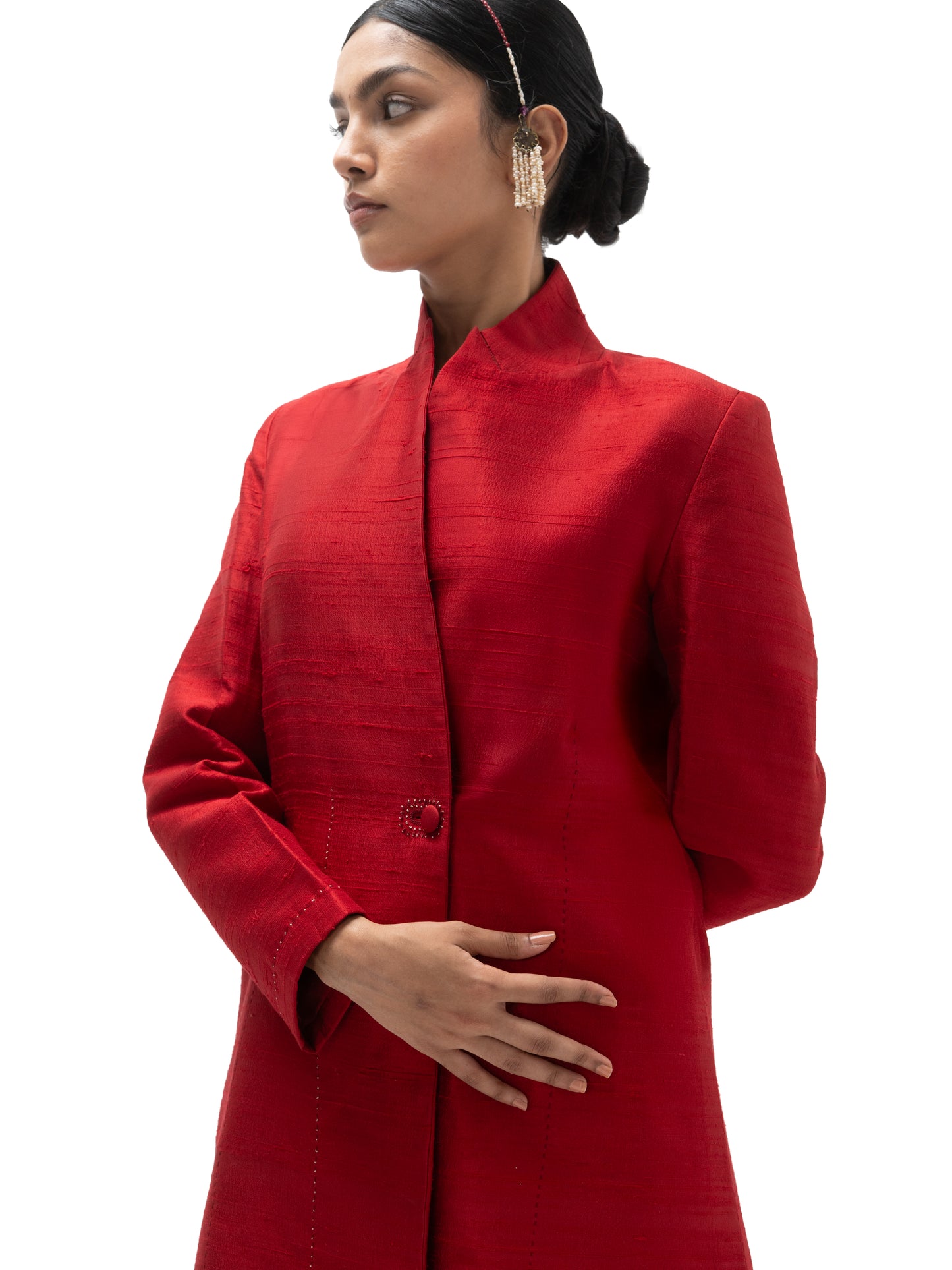 Silk Long Overlap Structured Jacket with Pants (Set)