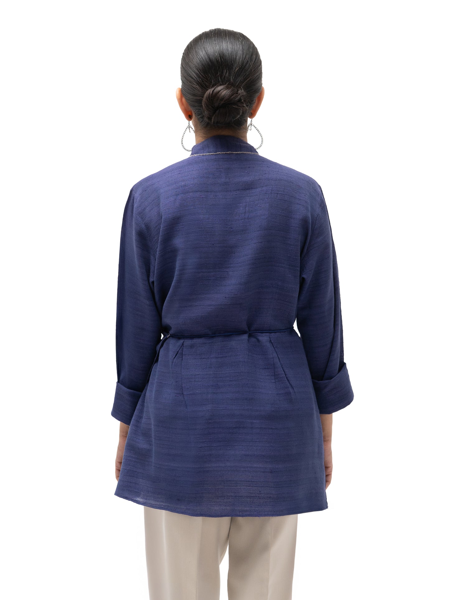 Hand Embroidered Gicha Silk Double Collar Overlap Tunic – Indigo