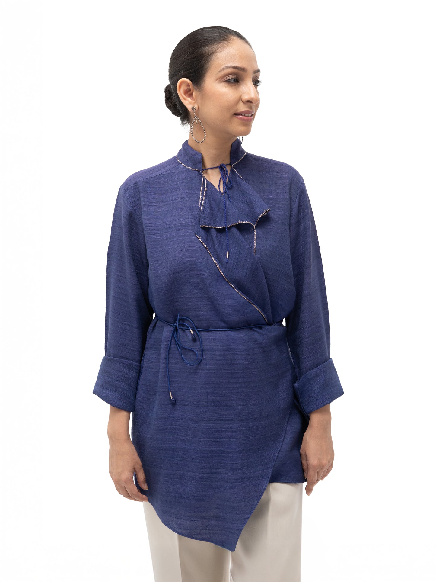 Hand Embroidered Gicha Silk Double Collar Overlap Tunic – Indigo