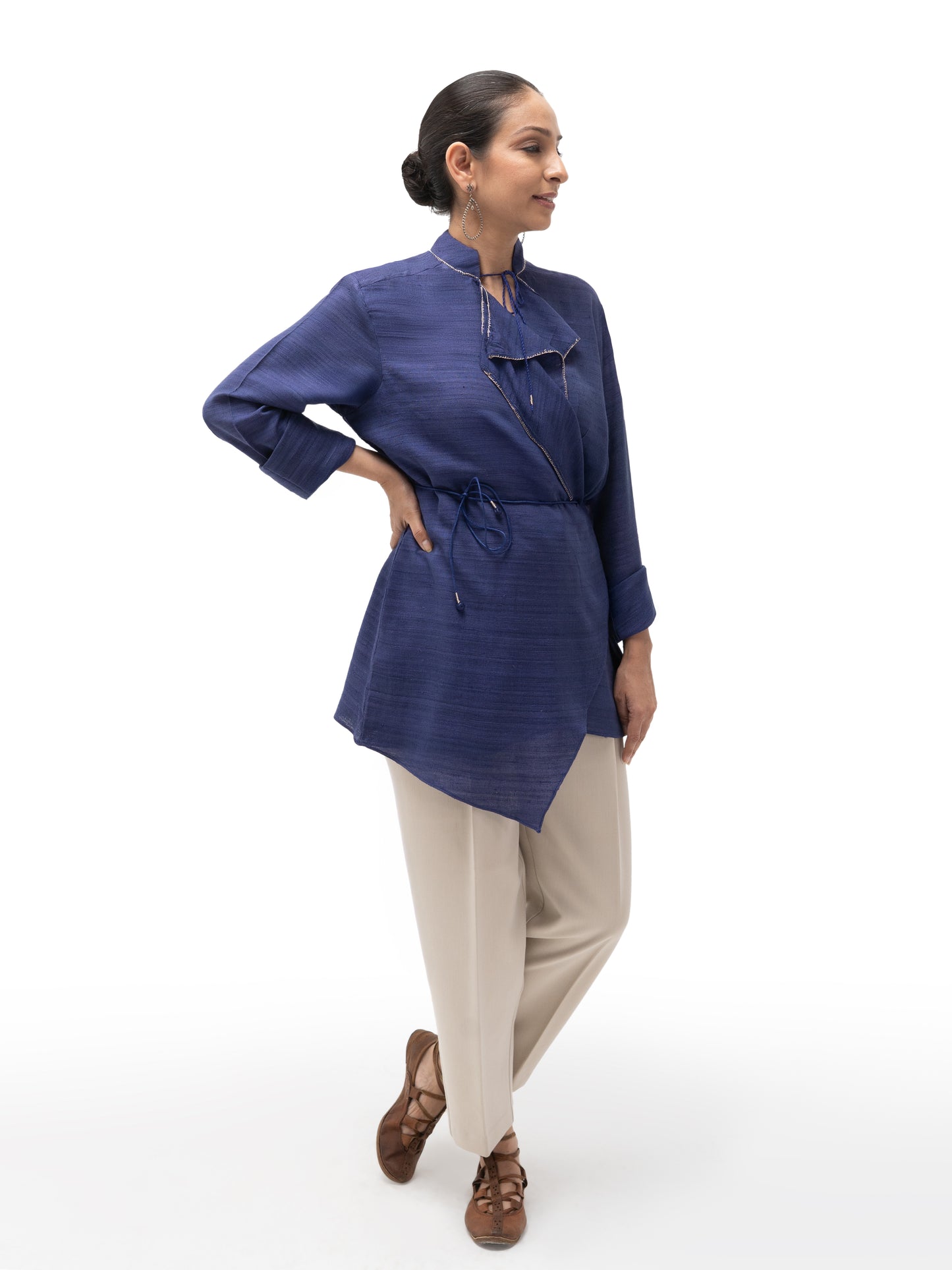 Hand Embroidered Gicha Silk Double Collar Overlap Tunic – Indigo
