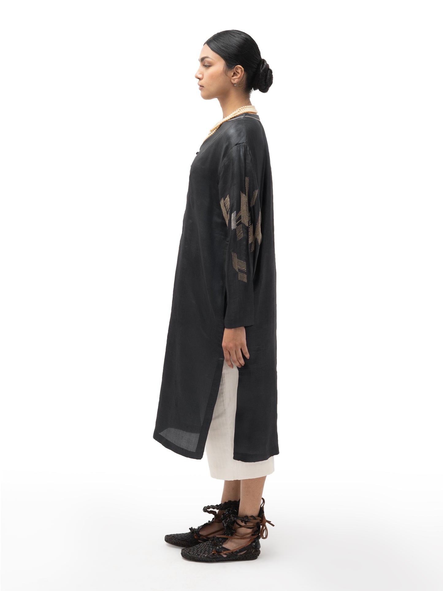 Hand Embroidered Long Straight Silk Tunic – Black