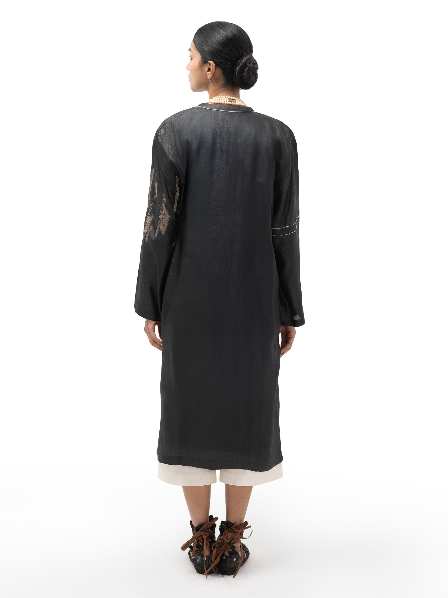 Hand Embroidered Long Straight Silk Tunic – Black
