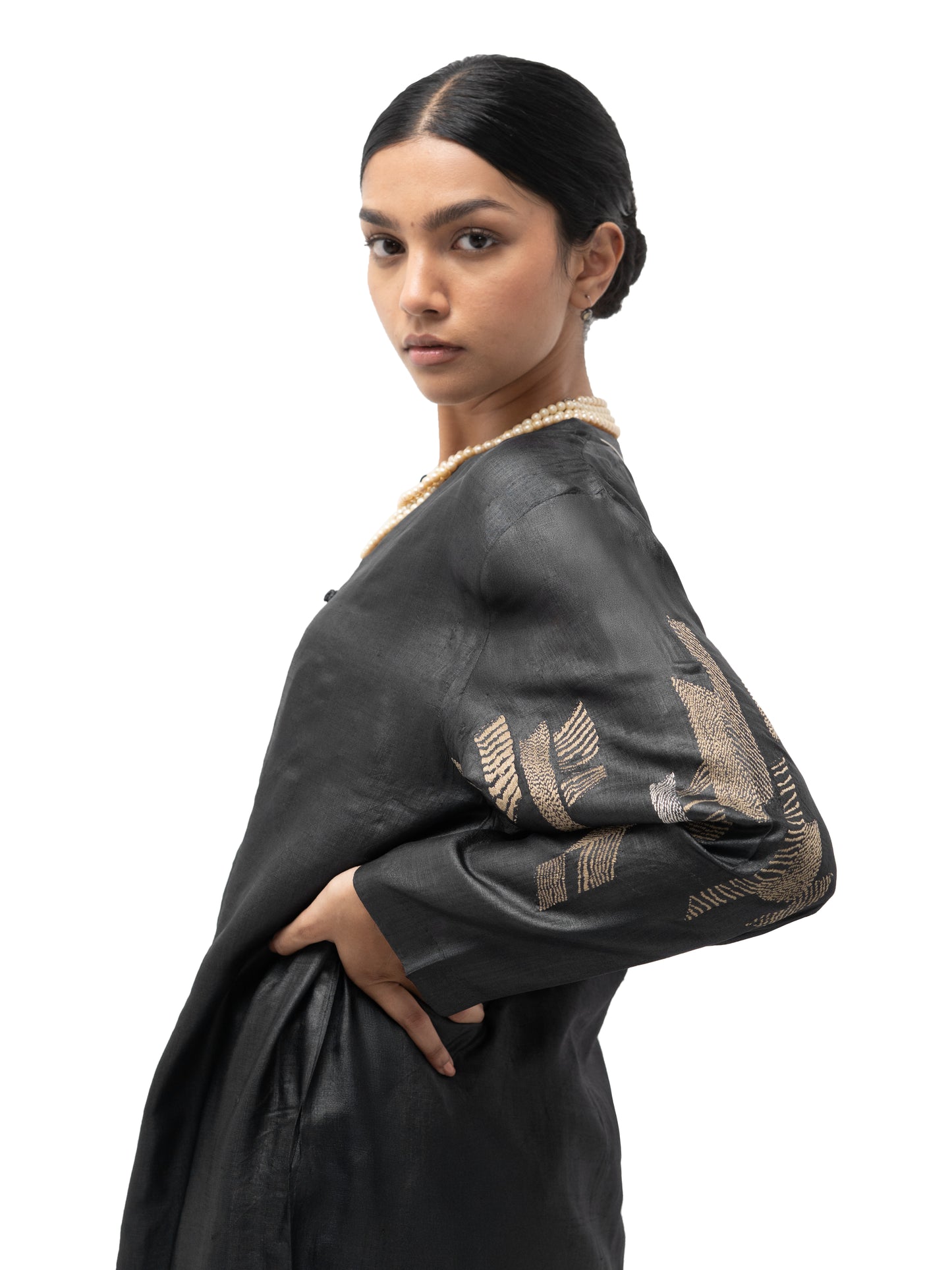 Hand Embroidered Long Straight Silk Tunic – Black
