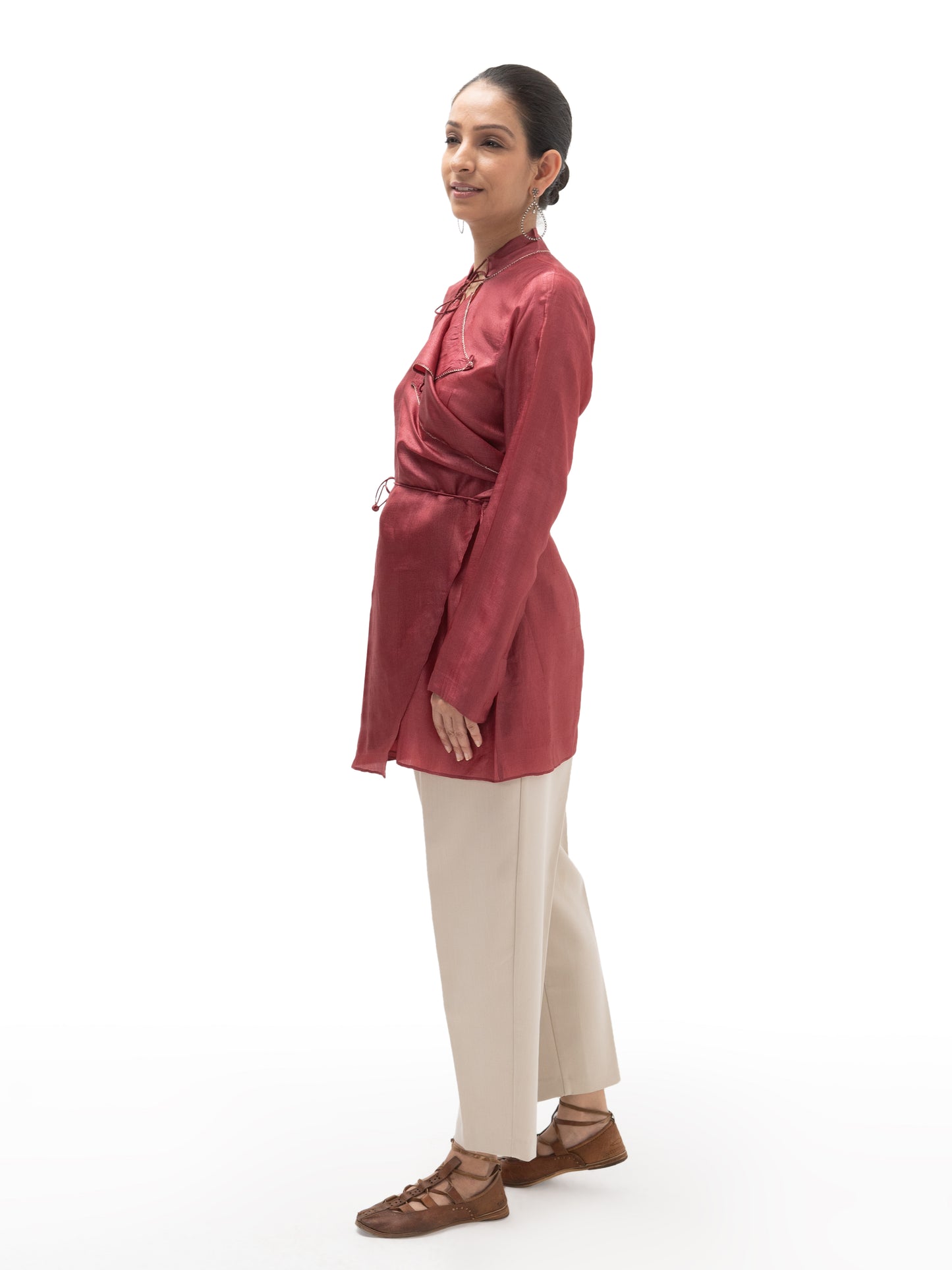 Hand Embroidered Silk Double Collar Overlap Top