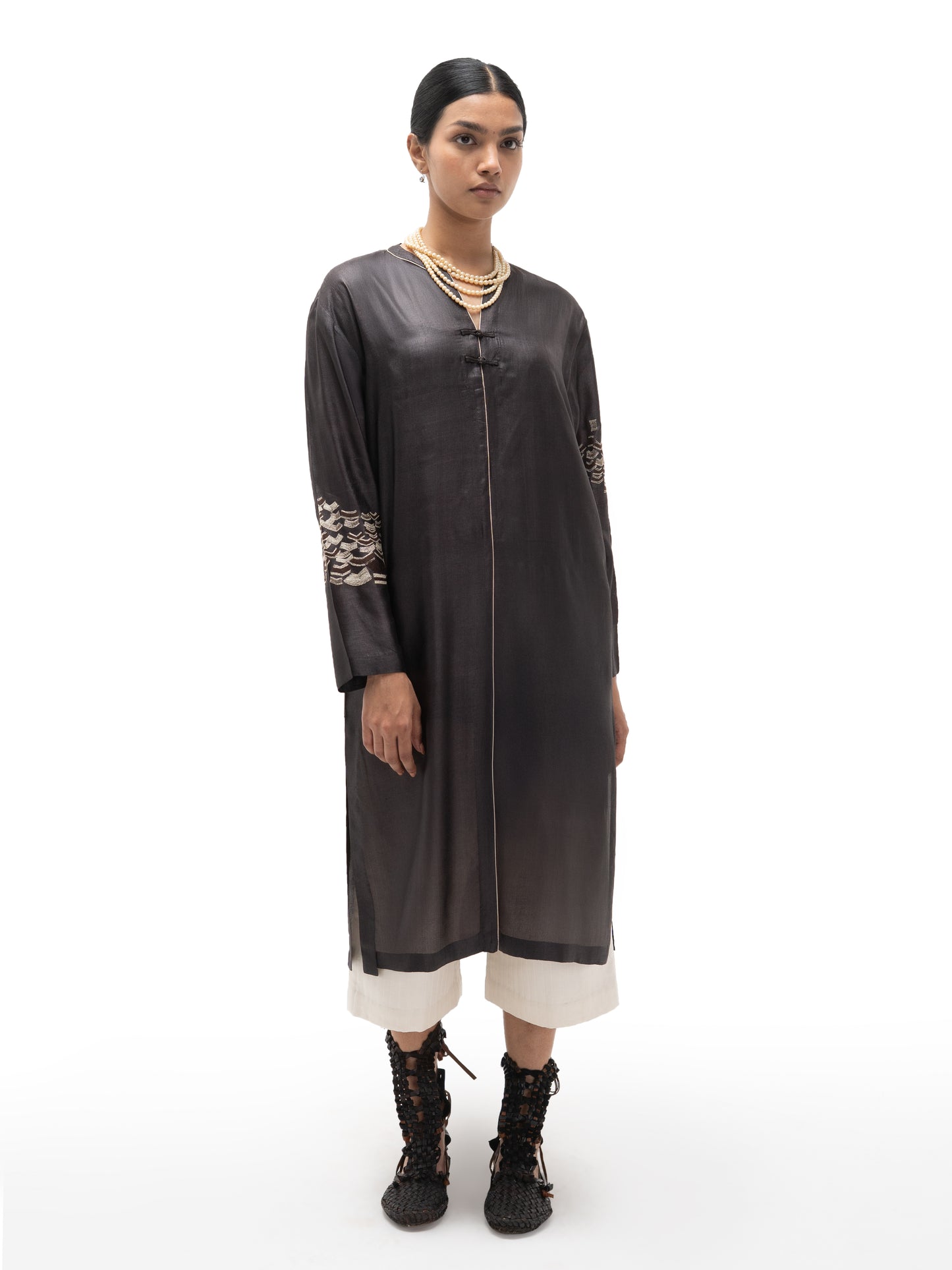 Hand Embroidered Long Straight Silk Tunic – Dark Chocolate