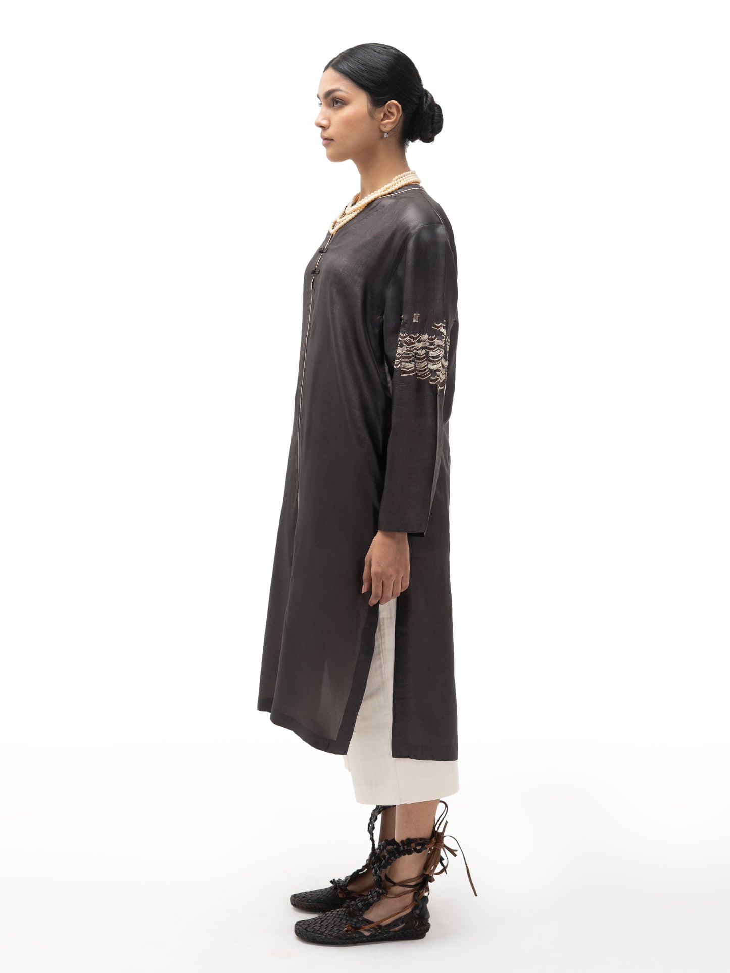 Hand Embroidered Long Straight Silk Tunic – Dark Chocolate