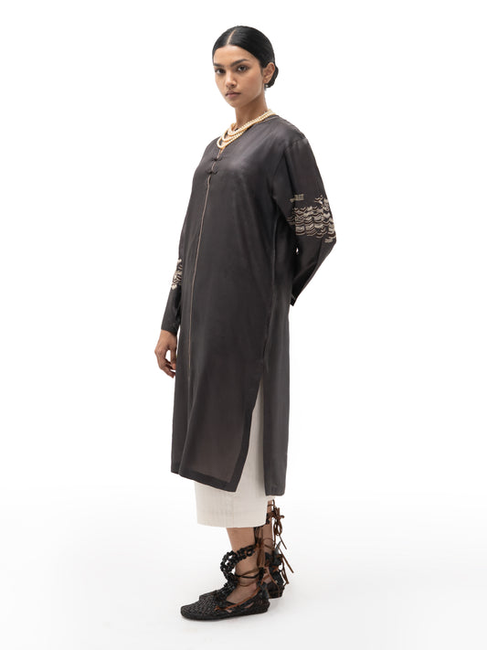 Hand Embroidered Long Straight Silk Tunic – Dark Chocolate