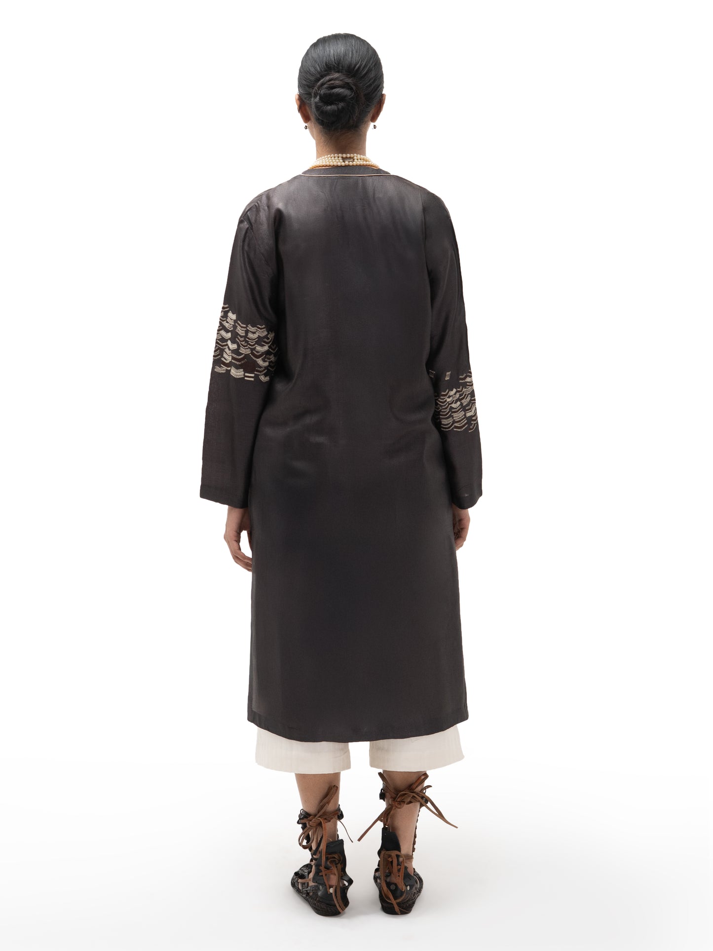 Hand Embroidered Long Straight Silk Tunic – Dark Chocolate