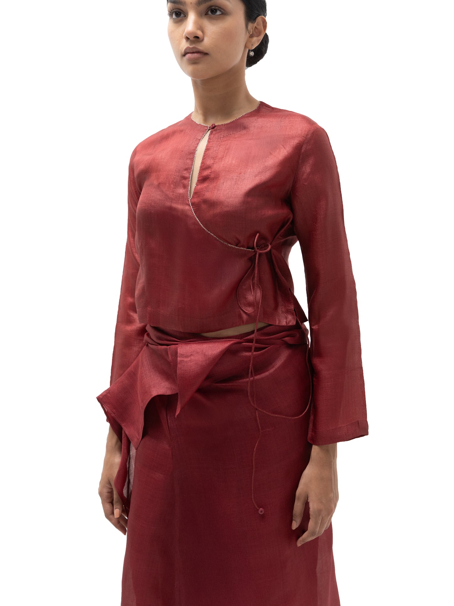 Hand Embroidered Silk Overlap Blouse with Wrap Pants (Set)
