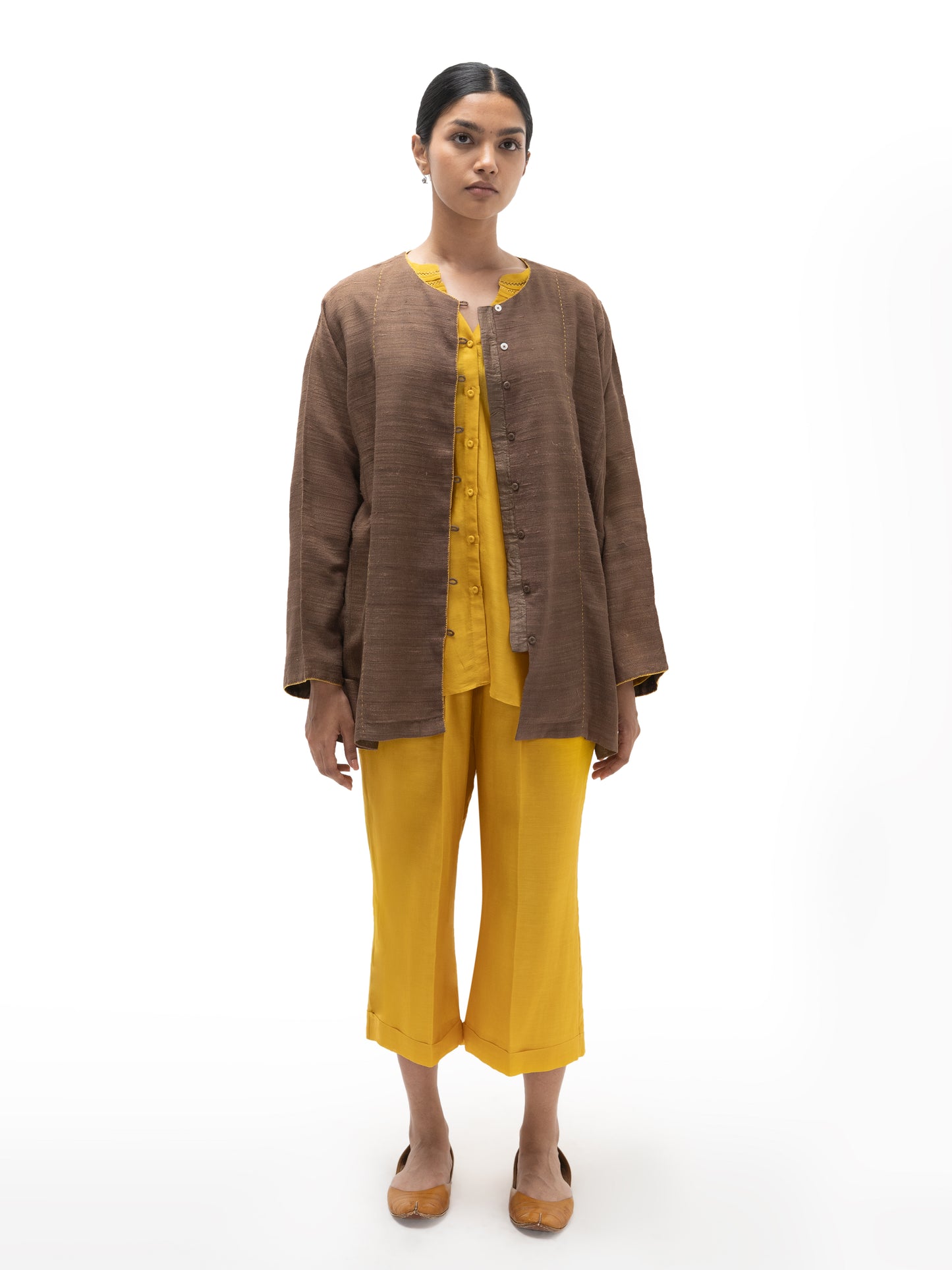 Silk Cotton Hand Embroidered Top & Pants with Gicha Jacket (set)