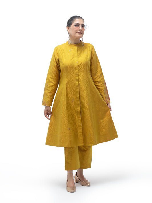 Hand Embroidered Silk Flared Tunic with Stitch Texture – Yellow