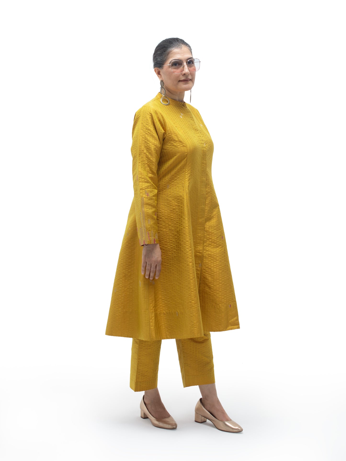 Hand Embroidered Silk Flared Tunic with Stitch Texture – Yellow