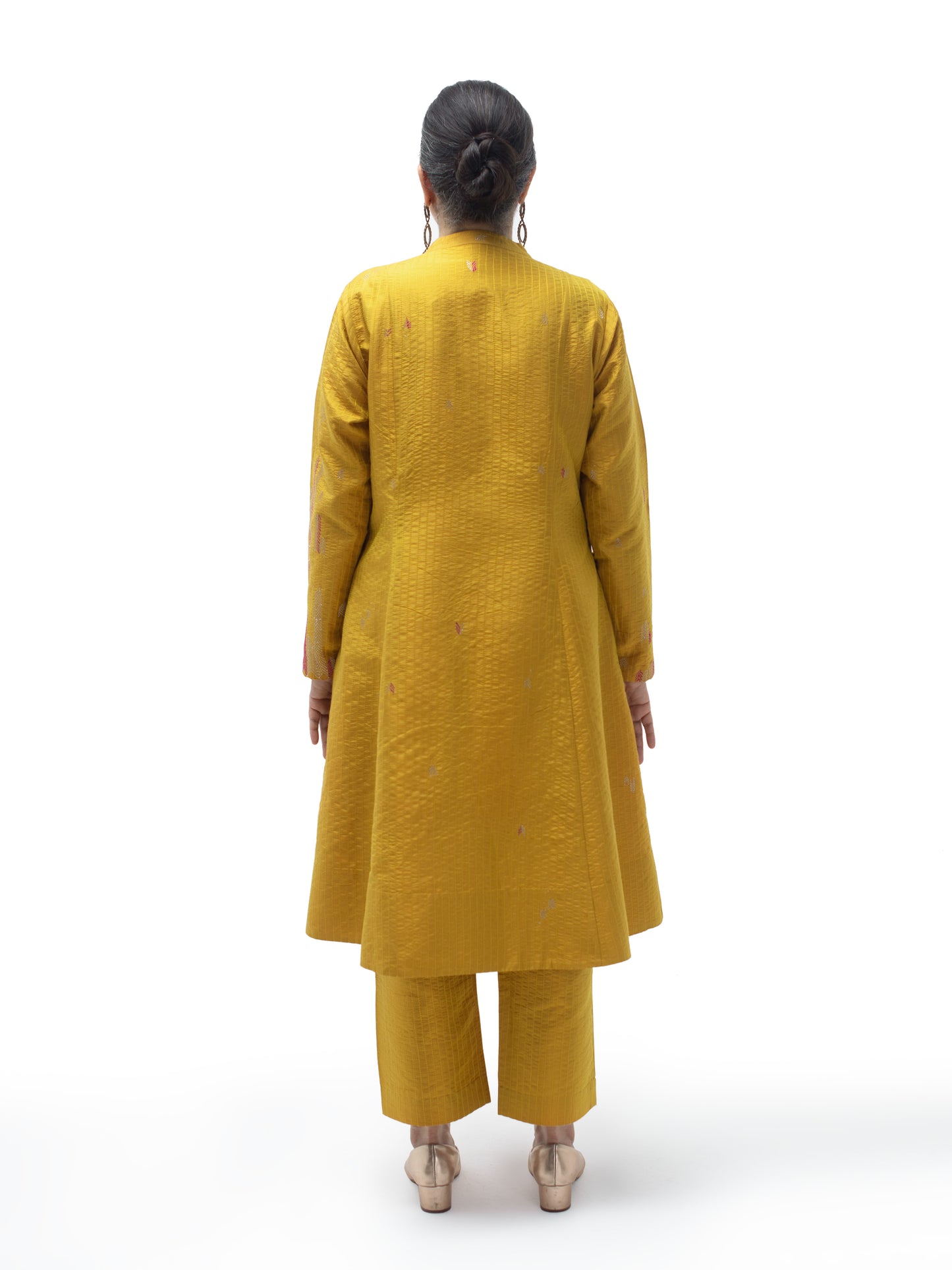 Hand Embroidered Silk Flared Tunic with Stitch Texture – Yellow