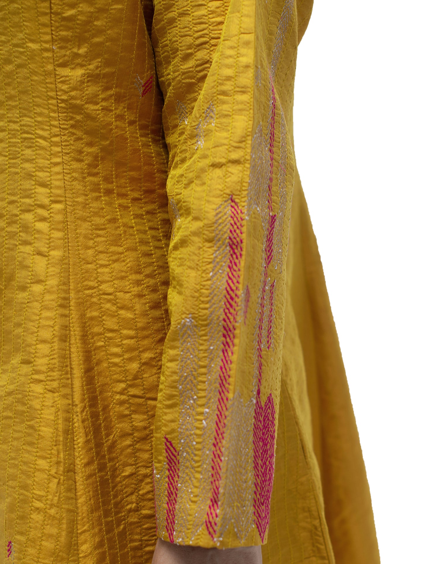 Hand Embroidered Silk Flared Tunic with Stitch Texture – Yellow