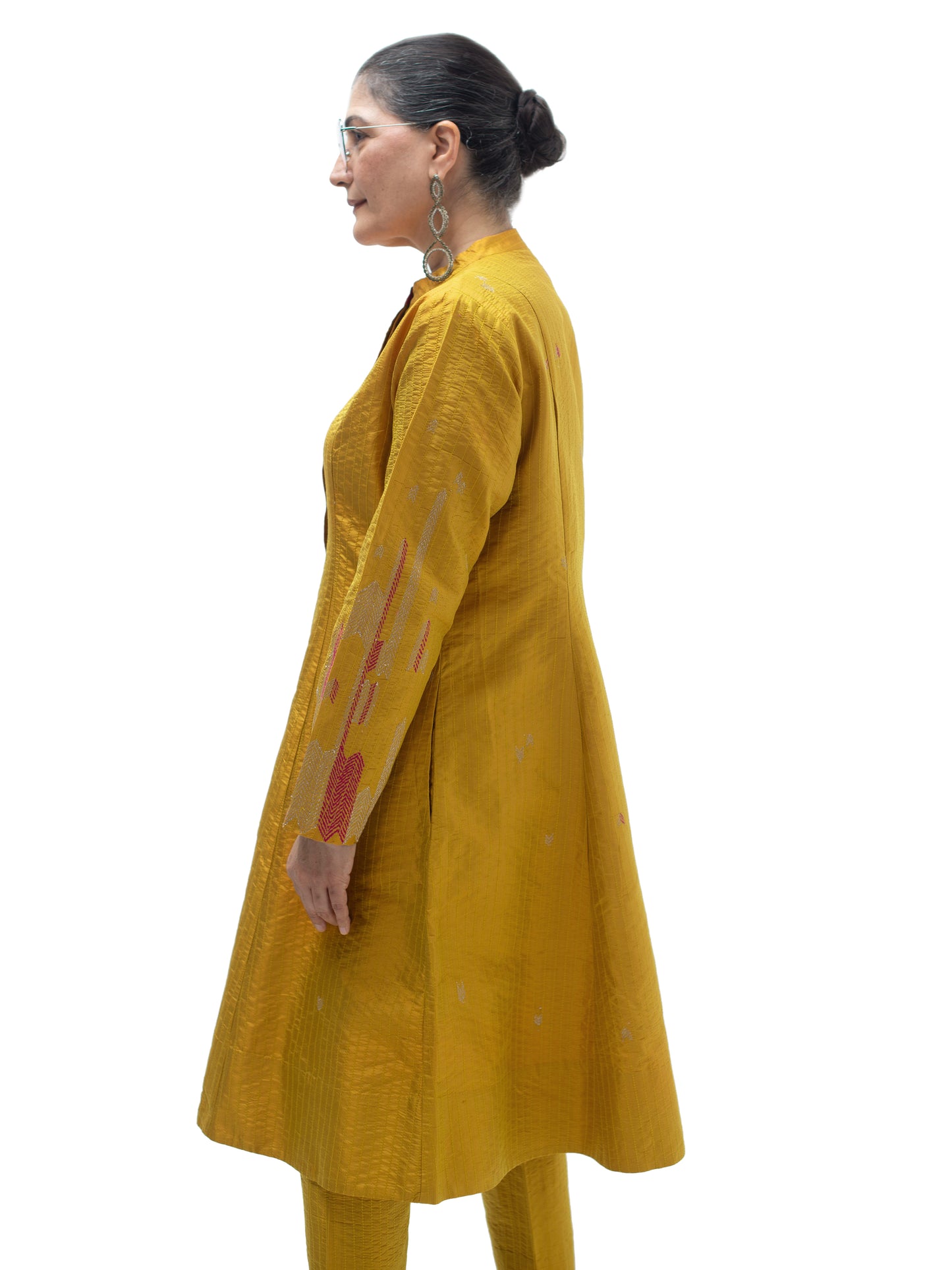 Hand Embroidered Silk Flared Tunic with Stitch Texture – Yellow