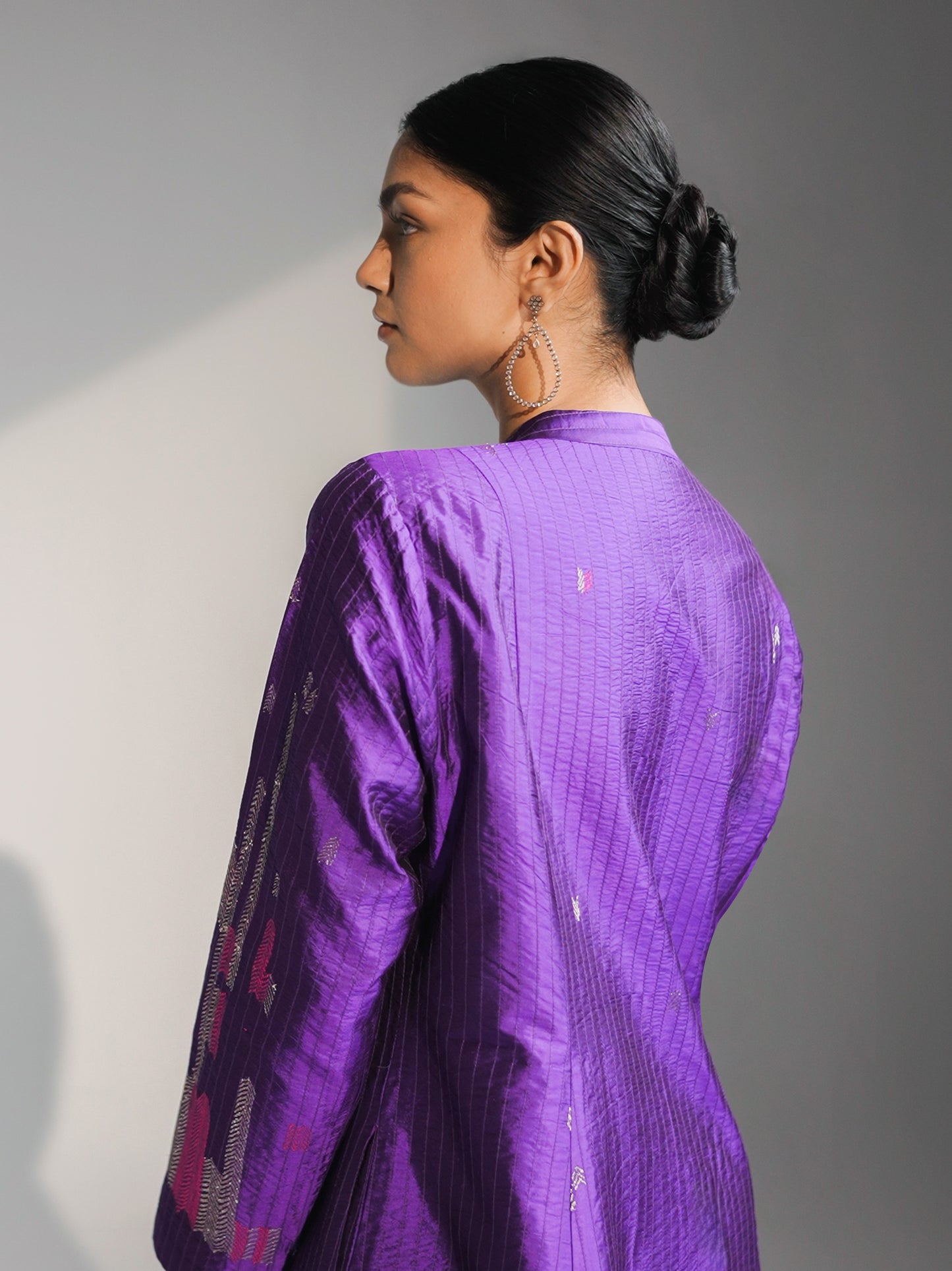 Hand Embroidered Silk Flared Tunic with Stitch Texture – Purple
