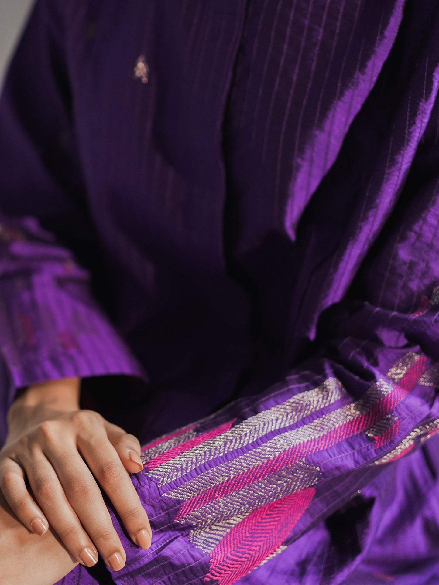 Hand Embroidered Silk Flared Tunic with Stitch Texture – Purple