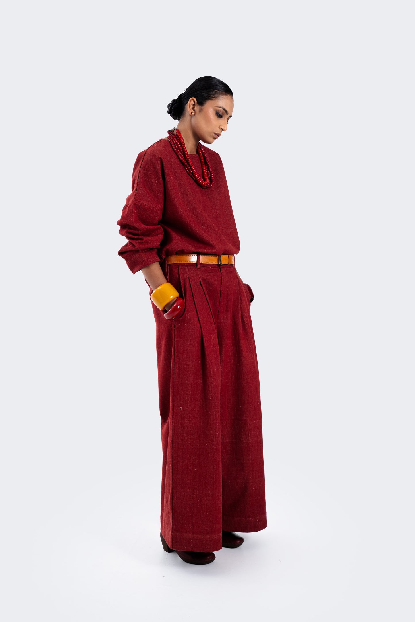 Red Natural Dyed Denim Broad Pants