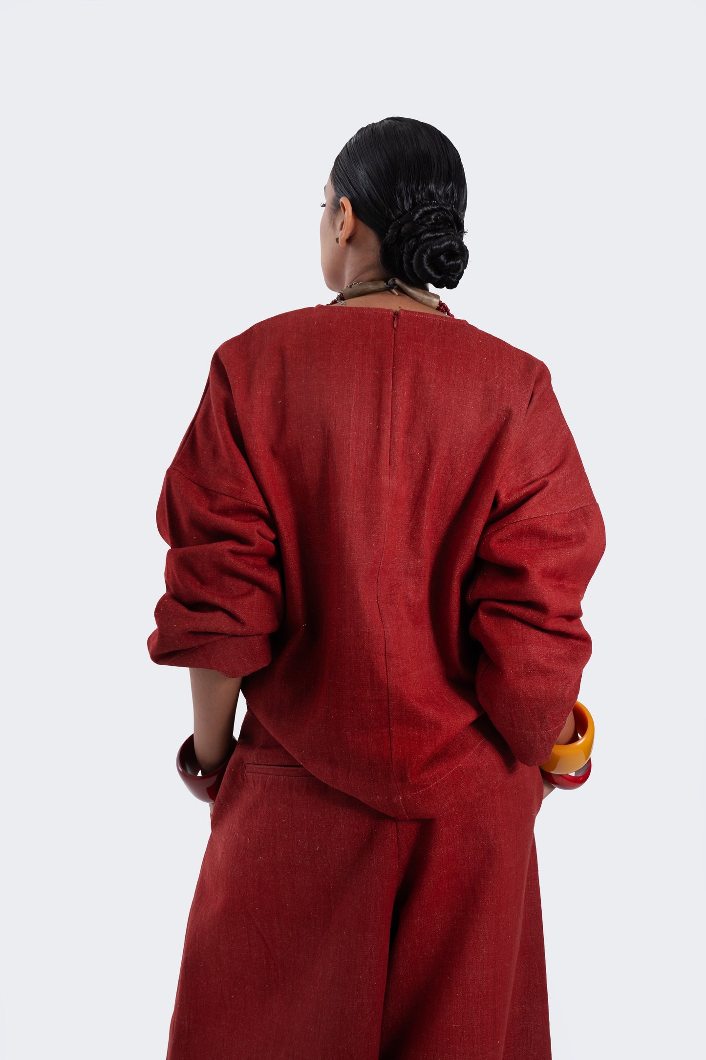 Red Natural Dyed Denim Broad Pants