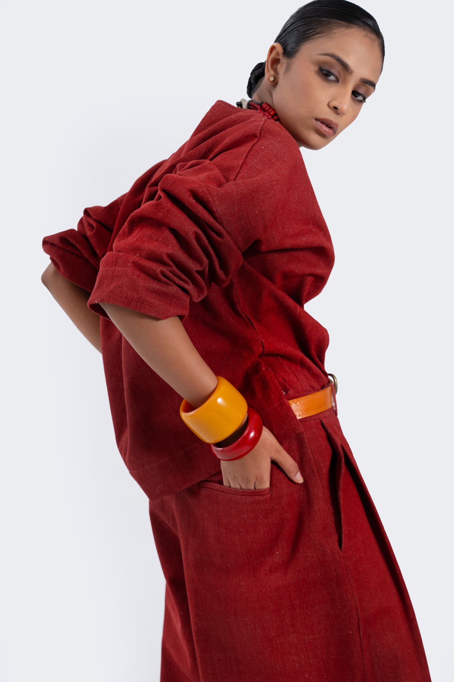 Red Natural Dyed Denim Broad Pants