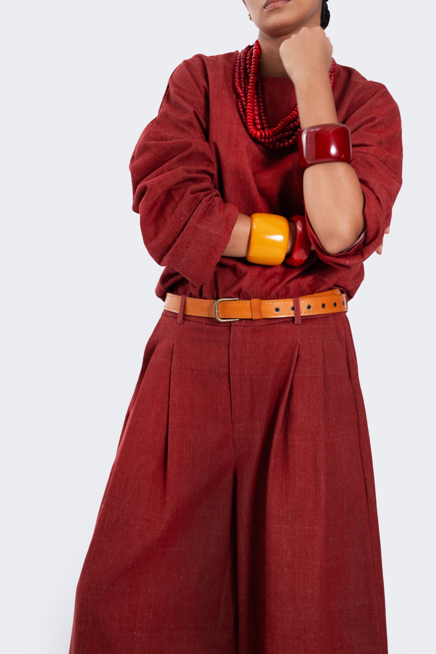 Red Natural Dyed Denim Broad Pants