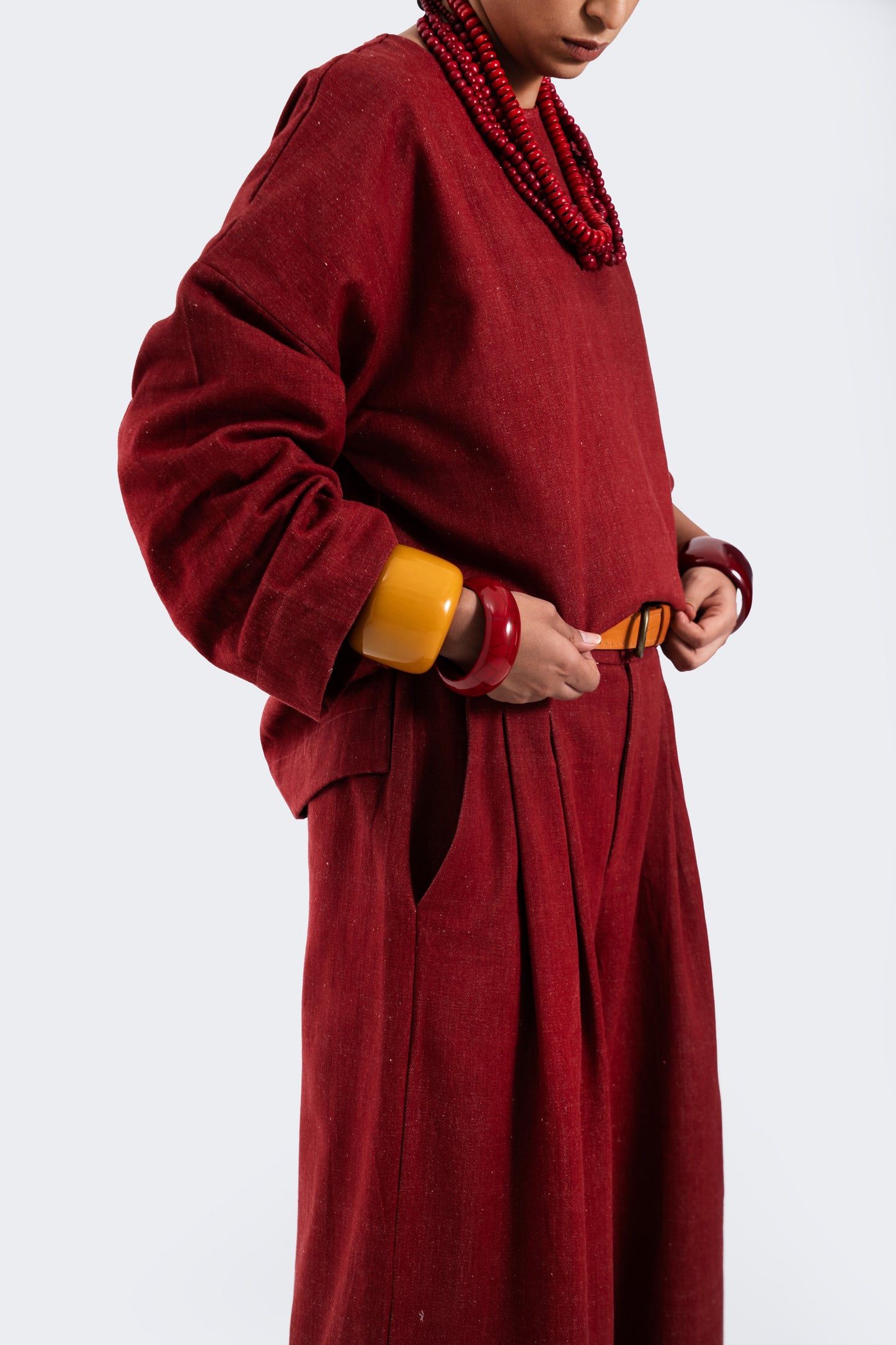 Red Natural Dyed Denim Broad Pants