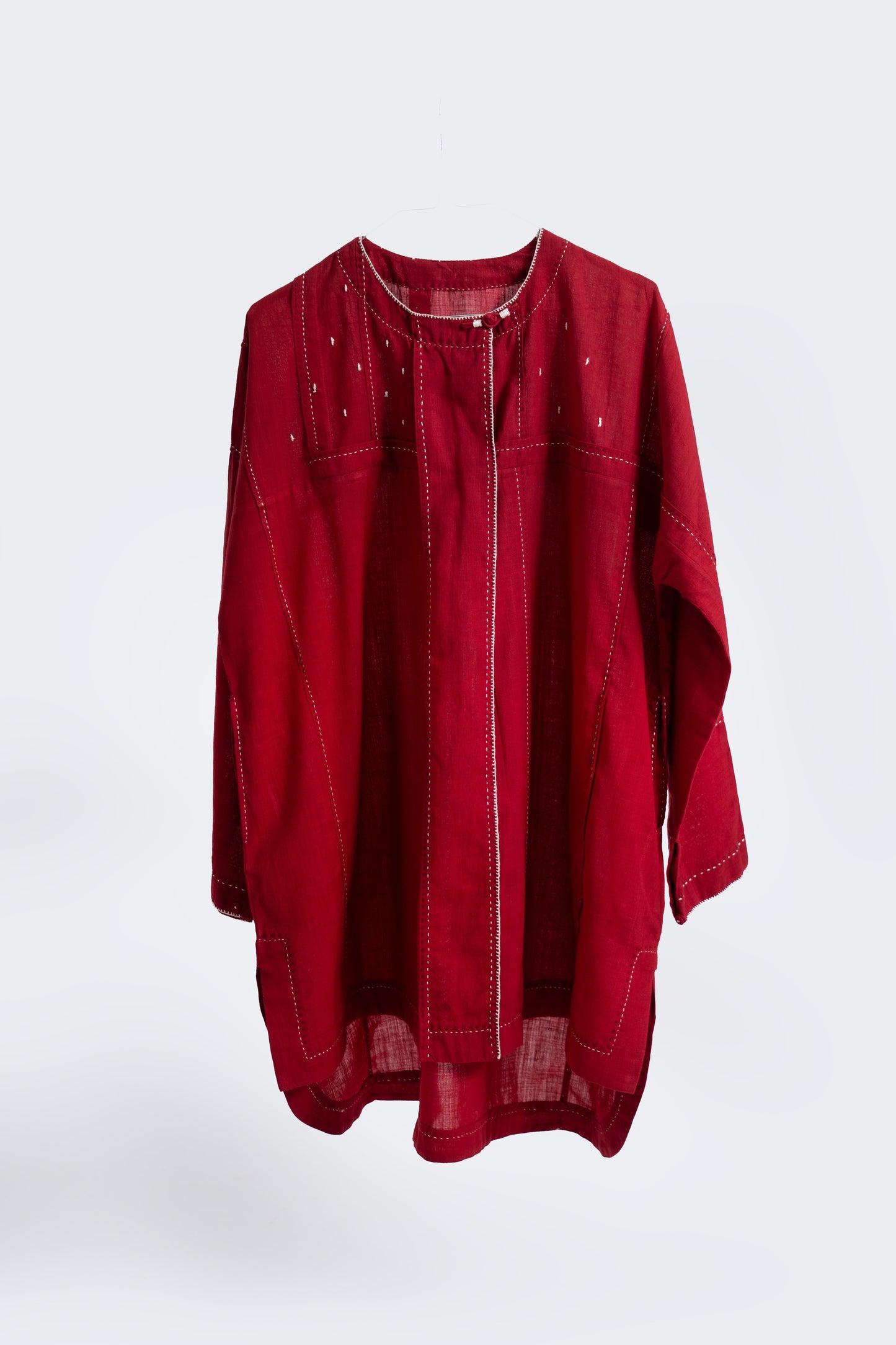 Pleated Hand-embroidered Tunic- Red