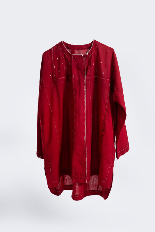 Pleated Hand-embroidered Tunic- Red