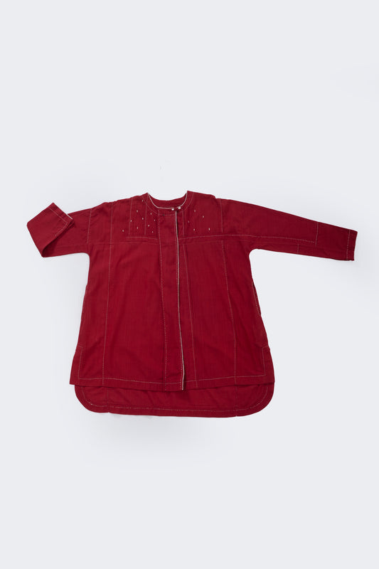 Pleated Hand-embroidered Tunic- Red