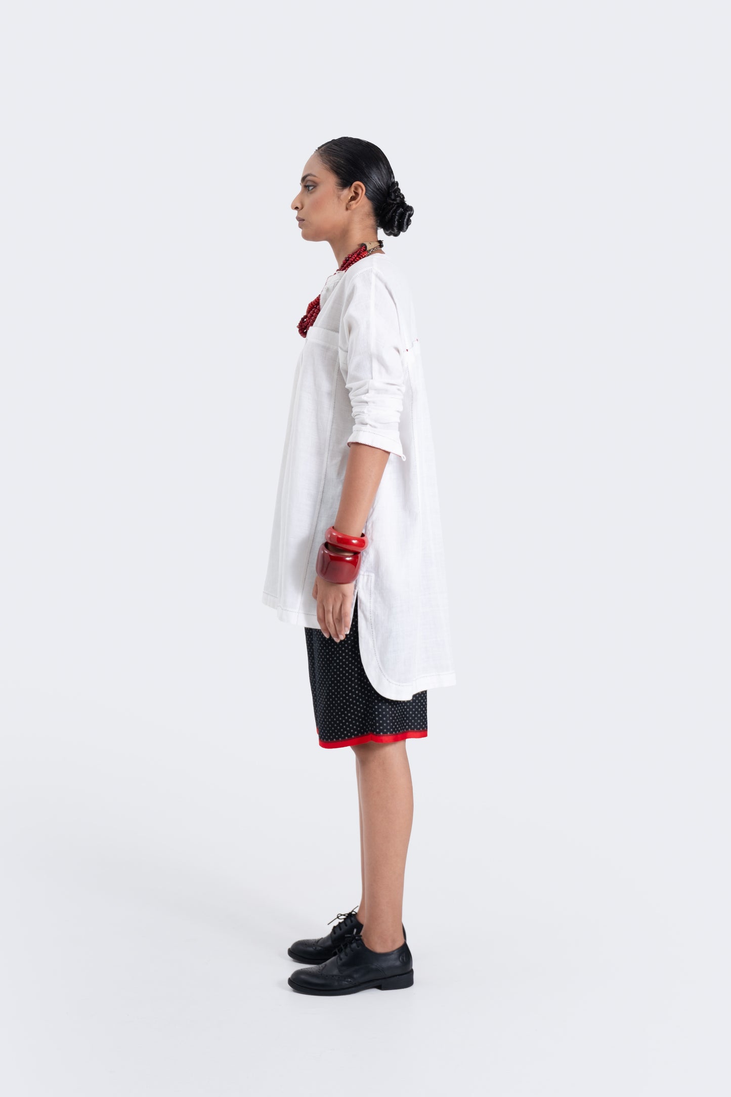 Pleated Hand-embroidered Tunic- Ivory