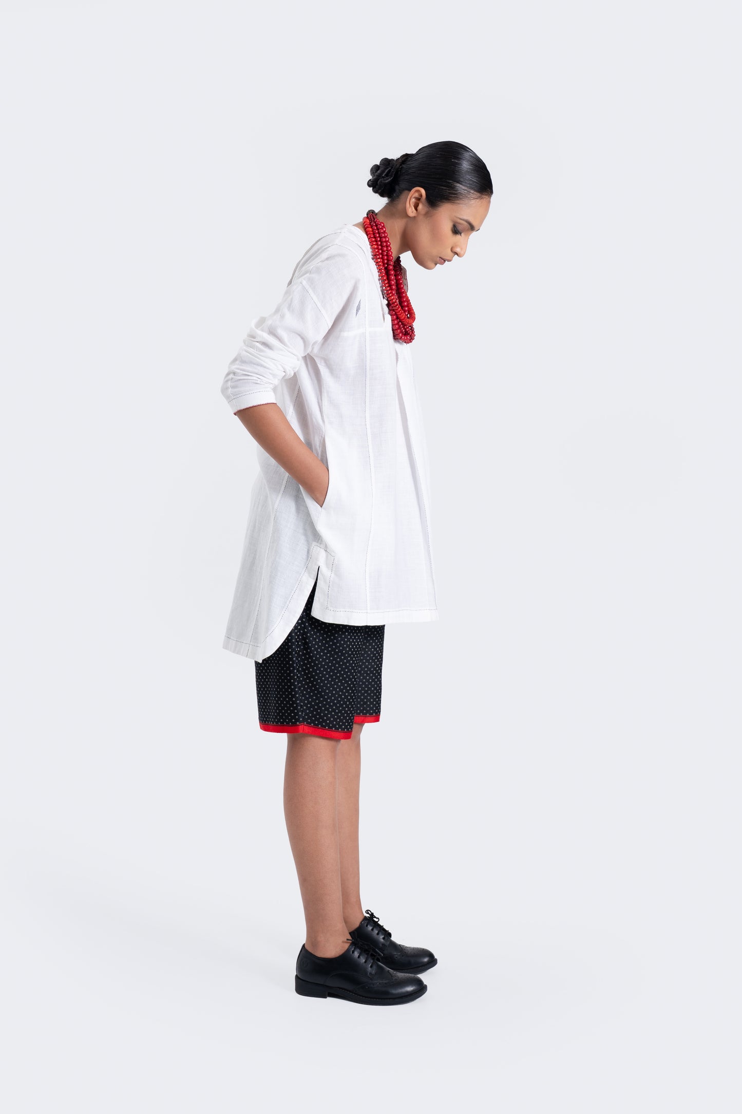 Pleated Hand-embroidered Tunic- Ivory