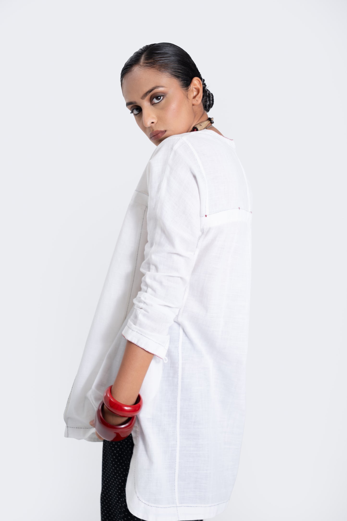 Pleated Hand-embroidered Tunic- Ivory