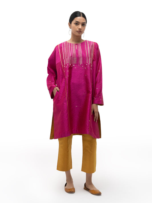 Hand Embroidered Silk Feron with Contemporary Embroidery – Pink