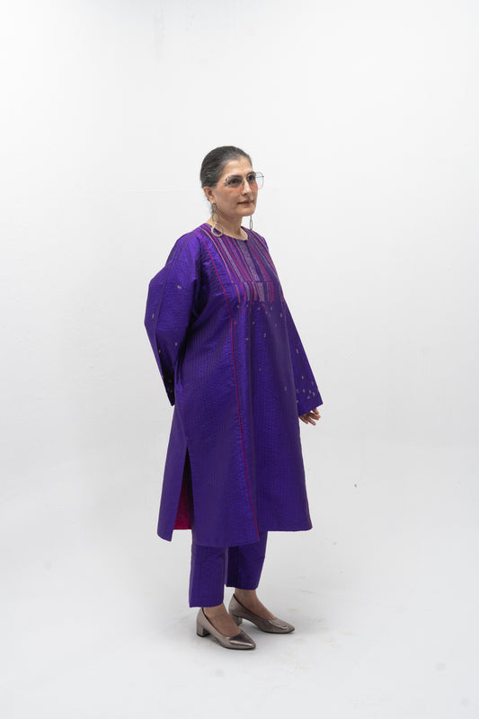 Hand Embroidered Silk Feron with Contemporary Embroidery – Purple
