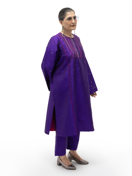 Silk Drawstring Straight Pants with Stitch Details – Purple