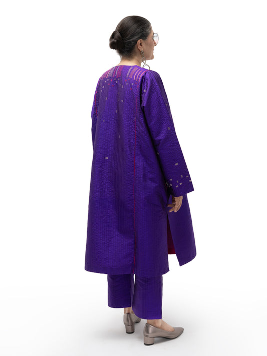 Silk Drawstring Straight Pants with Stitch Details – Purple