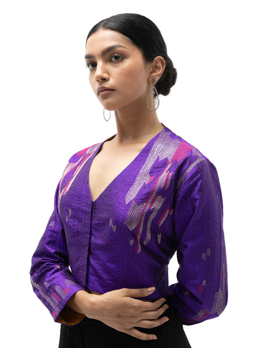 Hand Embroidered Silk Blouse with Stitch Texture – Purple
