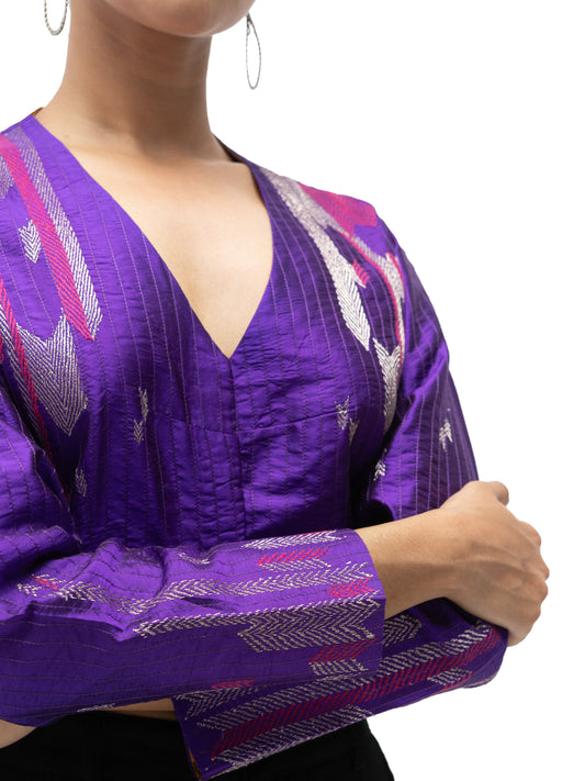 Hand Embroidered Silk Blouse with Stitch Texture – Purple