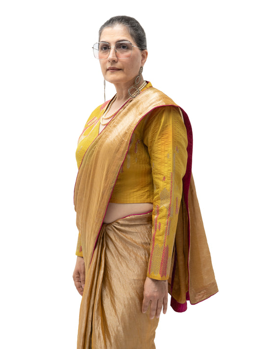 Hand Embroidered Silk Blouse with Stitch Detail – Yellow