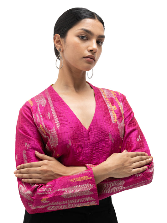 Hand Embroidered Silk Blouse with Stitch Details – Pink